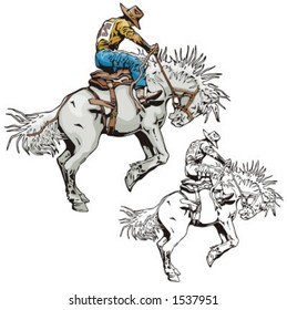 Illustration of a rodeo cowboy riding a saddled horse.