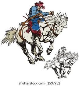 Illustration of a rodeo cowboy riding a saddled horse.