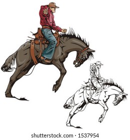 Illustration of a rodeo cowboy riding a saddled horse.