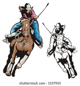 Illustration of a rodeo cowboy riding a saddled horse.