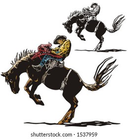 Illustration of a rodeo cowboy riding a saddled horse.