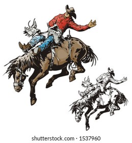 Illustration Of A Rodeo Cowboy Riding A Saddled Horse.