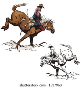 Illustration of a rodeo cowboy riding a saddled horse.