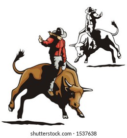 Illustration of a rodeo cowgirl riding a bull.