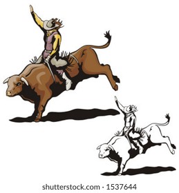 Illustration of a rodeo cowgirl riding a bull.