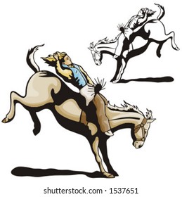 Illustration of a rodeo cowgirl riding a bull.