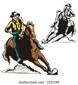 Illustration of a rodeo cowgirl riding a saddled horse.