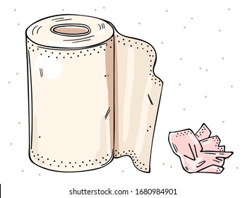 Illustration of a roll of paper towels and a used napkin. Color image on a white background.