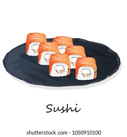 Illustration of roll sushi with salmon, prawn, avocado, cream cheese. Sushi menu. Japanese food isolated on white.