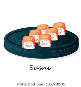 Illustration of roll sushi with salmon, prawn, avocado, cream cheese. Sushi menu. Japanese food isolated on white.