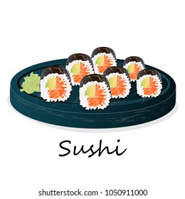 Illustration of roll sushi with salmon, prawn, avocado, cream cheese. Sushi menu. Japanese food isolated on white.