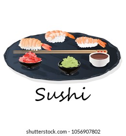 Illustration of roll sushi with salmon, prawn, avocado, cream cheese. Sushi menu. Japanese food isolated on white.