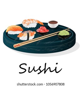 Illustration of roll sushi with salmon, prawn, avocado, cream cheese. Sushi menu. Japanese food isolated on white.