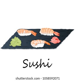 Illustration of roll sushi with salmon, prawn, avocado, cream cheese. Sushi menu. Japanese food isolated on white.