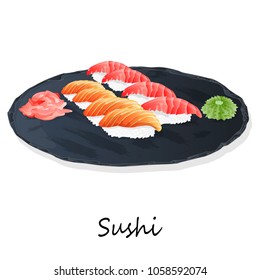 Illustration of roll sushi with salmon, prawn, avocado, cream cheese. Sushi menu. Japanese food isolated on white.