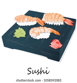 Illustration of roll sushi with salmon, prawn, avocado, cream cheese. Sushi menu. Japanese food isolated on white.
