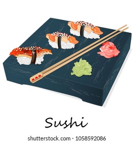 Illustration of roll sushi with salmon, prawn, avocado, cream cheese. Sushi menu. Japanese food isolated on white.