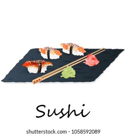 Illustration of roll sushi with salmon, prawn, avocado, cream cheese. Sushi menu. Japanese food isolated on white.