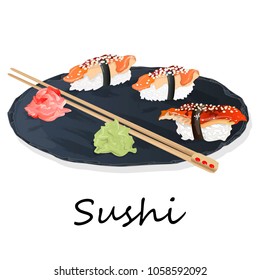 Illustration of roll sushi with salmon, prawn, avocado, cream cheese. Sushi menu. Japanese food isolated on white.