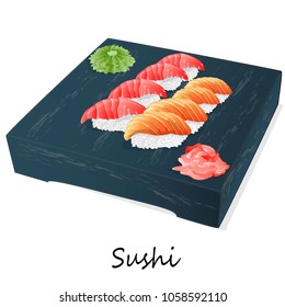 Illustration of roll sushi with salmon, prawn, avocado, cream cheese. Sushi menu. Japanese food isolated on white.