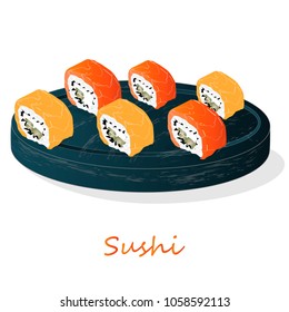 Illustration of roll sushi with salmon, prawn, avocado, cream cheese. Sushi menu. Japanese food isolated on white.