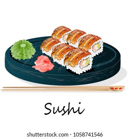 Illustration of roll sushi with salmon, prawn, avocado, cream cheese. Sushi menu. Japanese food isolated on white.