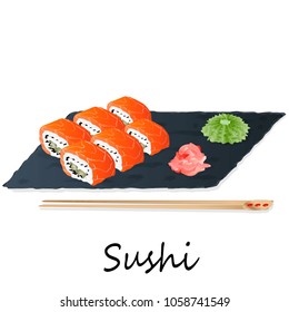 Illustration of roll sushi with salmon, prawn, avocado, cream cheese. Sushi menu. Japanese food isolated on white.