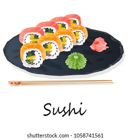 Illustration of roll sushi with salmon, prawn, avocado, cream cheese. Sushi menu. Japanese food isolated on white.