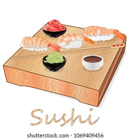 Illustration of roll sushi with salmon, prawn, avocado, cream cheese. Sushi menu. Japanese food isolated on white.