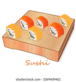 Illustration of roll sushi with salmon, prawn, avocado, cream cheese. Sushi menu. Japanese food isolated on white.