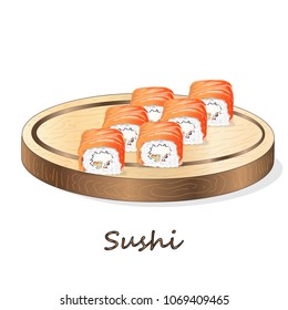 Illustration of roll sushi with salmon, prawn, avocado, cream cheese. Sushi menu. Japanese food isolated on white.