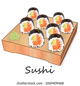 Illustration of roll sushi with salmon, prawn, avocado, cream cheese. Sushi menu. Japanese food isolated on white.