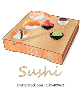 Illustration of roll sushi with salmon, prawn, avocado, cream cheese. Sushi menu. Japanese food isolated on white.