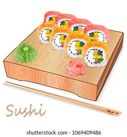 Illustration of roll sushi with salmon, prawn, avocado, cream cheese. Sushi menu. Japanese food isolated on white.