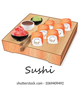 Illustration of roll sushi with salmon, prawn, avocado, cream cheese. Sushi menu. Japanese food isolated on white.
