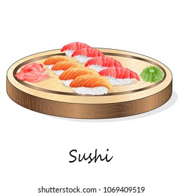 Illustration of roll sushi with salmon, prawn, avocado, cream cheese. Sushi menu. Japanese food isolated on white.
