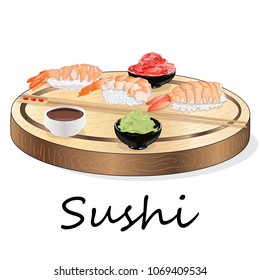 Illustration of roll sushi with salmon, prawn, avocado, cream cheese. Sushi menu. Japanese food isolated on white.