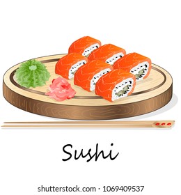 Illustration of roll sushi with salmon, prawn, avocado, cream cheese. Sushi menu. Japanese food isolated on white.
