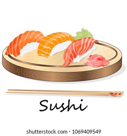 Illustration of roll sushi with salmon, prawn, avocado, cream cheese. Sushi menu. Japanese food isolated on white.