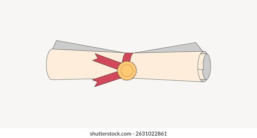 Ilustração de um diploma enrolado com uma fita vermelha e selo de ouro. Diploma significa conquista e educação. Diploma é um símbolo de sucesso e conclusão. Ilustração de vetor estético.