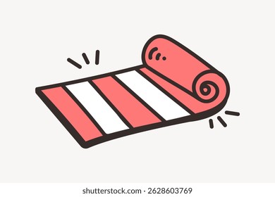 Illustration of a rolled-up red and white striped carpet. The carpet is unrolling with motion lines. Simple, cartoon style with bold outlines. Cute doodle vector.