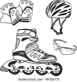 Illustration of roller skating equipment - roller skates, gloves, helmet, glasses