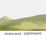 Illustration of rolling green hills under a pale sky. Green hills, grassy landscape, serene nature. Peaceful hills, gentle slopes, tranquil scenery. Vintage art illustration, vector.