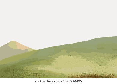 Illustration of rolling green hills under a pale sky. Green hills, grassy landscape, serene nature. Peaceful hills, gentle slopes, tranquil scenery. Vintage art illustration, vector.