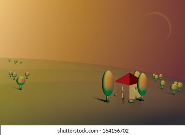 Illustration of rolling hills with house in autumn