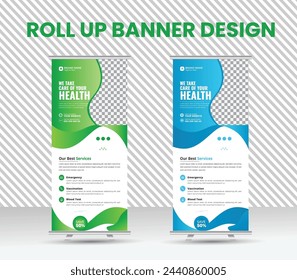 An illustration of a roll-up banner supporting healthcare