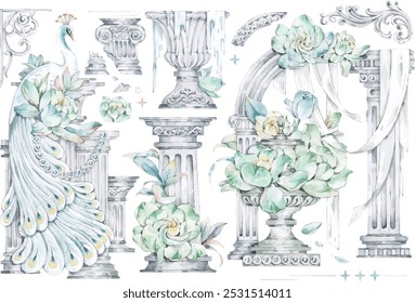 Illustration of Roman columns and flowers