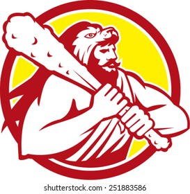 Illustration of Roman divine hero Hercules or Heracles of Greek mythology wearing a lion skin head wielding holding club set inside circle on isolated white background.