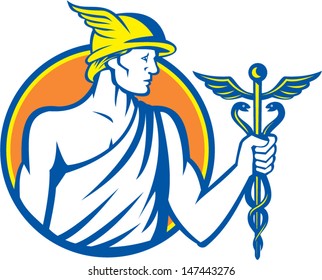 Illustration of Roman god Mercury patron of financial gain, commerce, communication and travelers wearing winged hat holding caduceus a herald's staff with entwined snakes inside circle retro style.