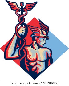 Illustration of Roman god Mercury patron god of financial gain,commerce, communication and travelers wearing winged hat holding caduceus herald's staff with entwined snakes inside diamond retro style.